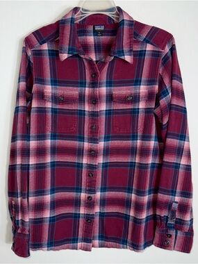 Patagonia Women's Long Sleeve Flannel Shirt-Burgundy Blue Plaid-Size 8